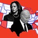 A photomontage involving pictures of Kamala Harris and Joe Biden overlaid in a political map