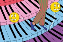 An illustration of a person happily strolling across steps that look like a multicolored piano keyboard.