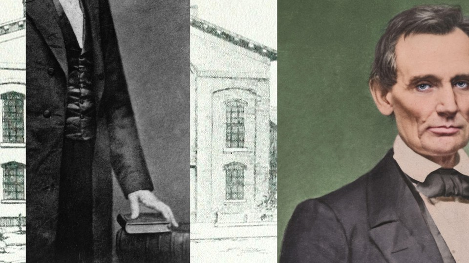 A picture of Lincoln, beardless, beside a photo of Lincoln with his hand on a book