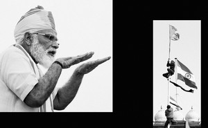 An image of Narendra Modi side by side with an image of protesters scaling a flagpole.