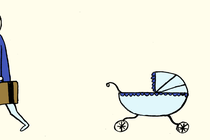 Drawing of a man with a briefcase walking away from a pram