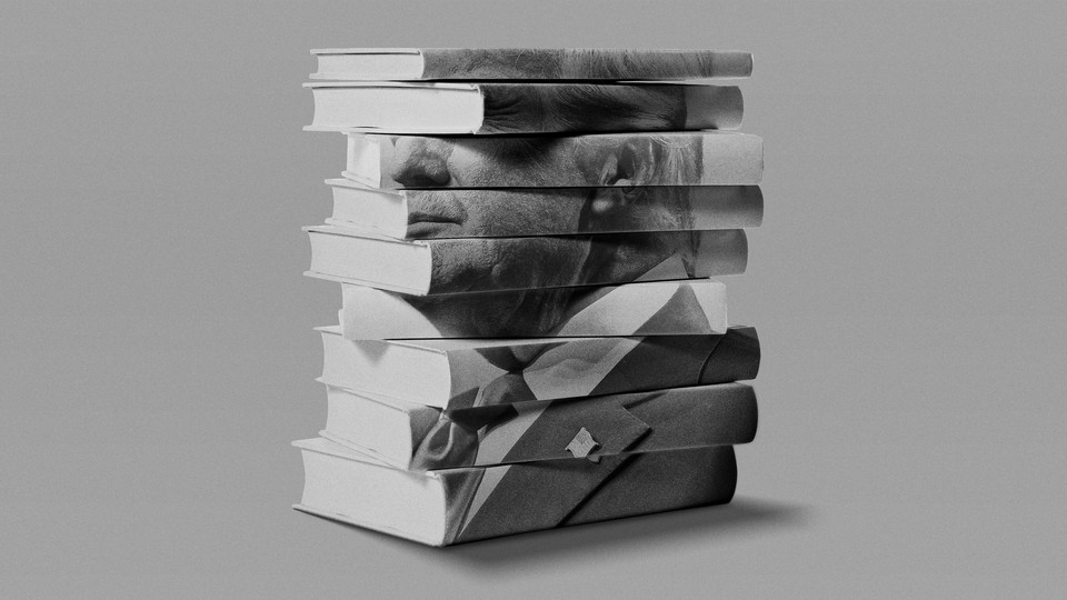 Illustration of a stack of books with an image of Donald Trump on the spines