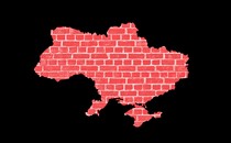 An illustration showing a brick wall outlined by a map of Ukraine