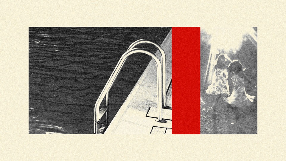 A swimming pool and two girls dancing under the sunlight