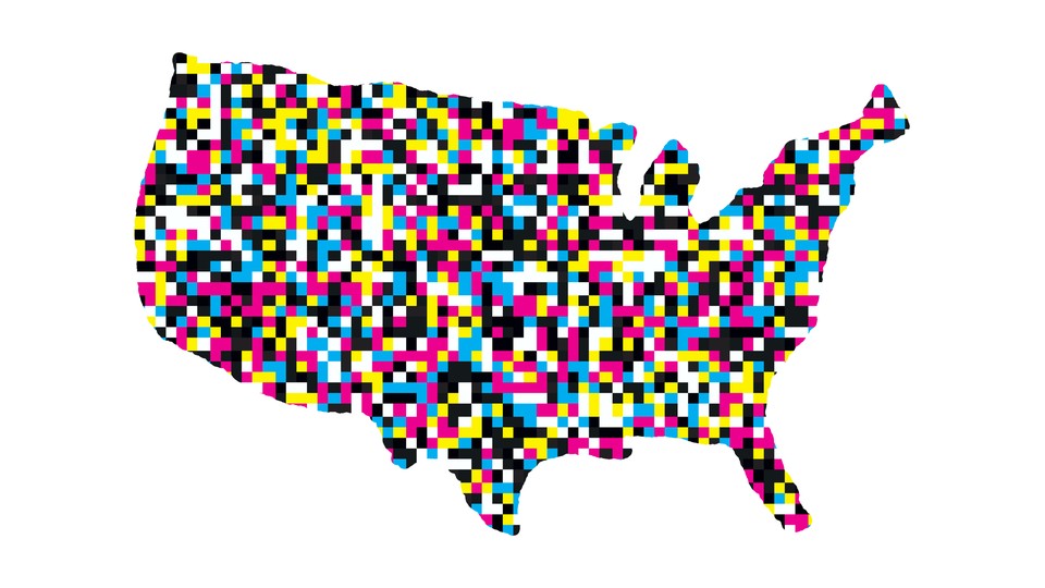 An illustration of the United States with multi-colored dots covering the map.