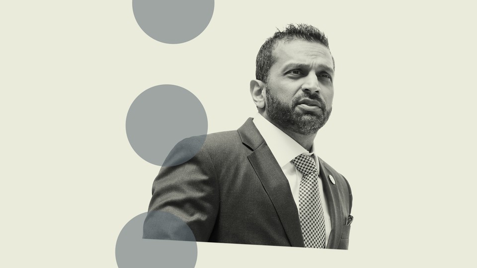 Illustration of Kash Patel and three grey circles behind him