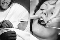 Side by side black and white photos. On the left, a woman cradling a newborn baby. On the right, a close up of a woman's mouth with hands inserting a dental mirror