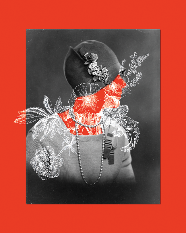 Collage-style black-and-white photo-illustration of a woman in a 1920s flapper hat, seen in profile, on a bright-red background; her head and neck have been replaced by a red silhouette, over which white photo images of flowers are placed, on red background