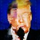 Pixelated photo of Donald Trump on a TV screen repeating three times from left to right, as if glitching