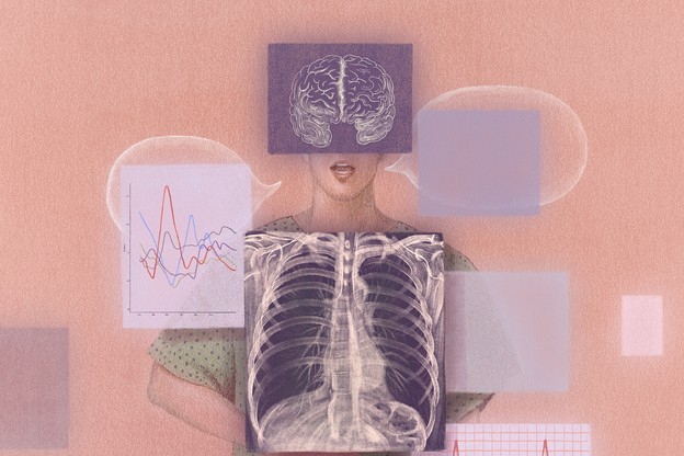 an illustration of a person covered with medical tests