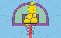 An illustration of a tower of smiley faces resting in a basketball hoop