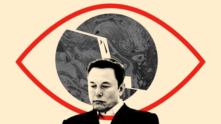 Elon Musk in front of a fractured photo of a planet