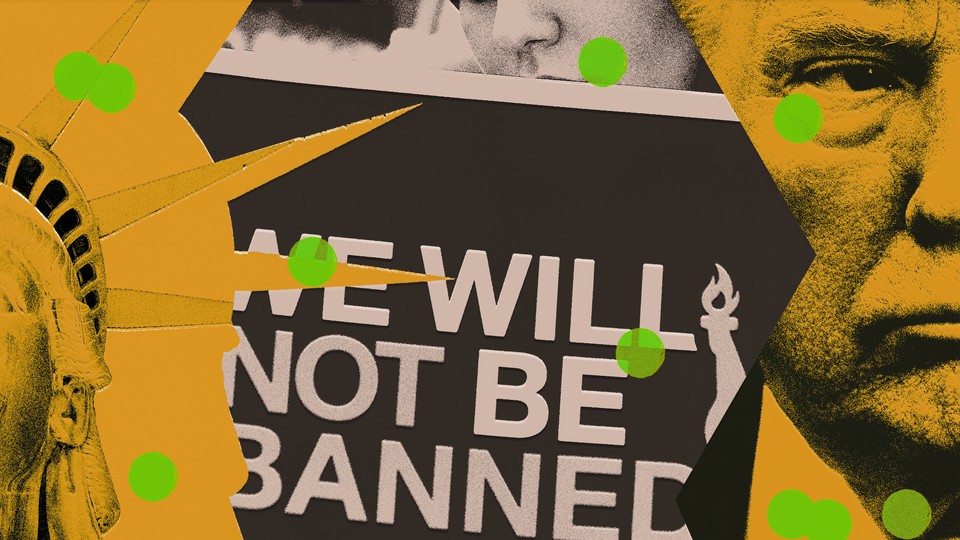 An illustration of Trump, the Statue of Liberty, and a sign reading "We will not be banned"