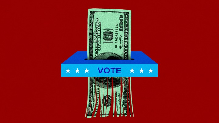 A ballot box shredding a $100 bill