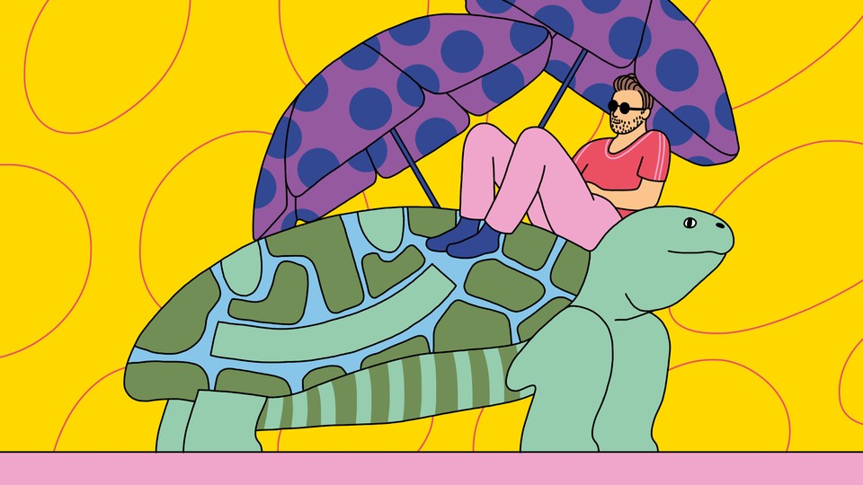 a man sits on a giant turtle with beach umbrellas