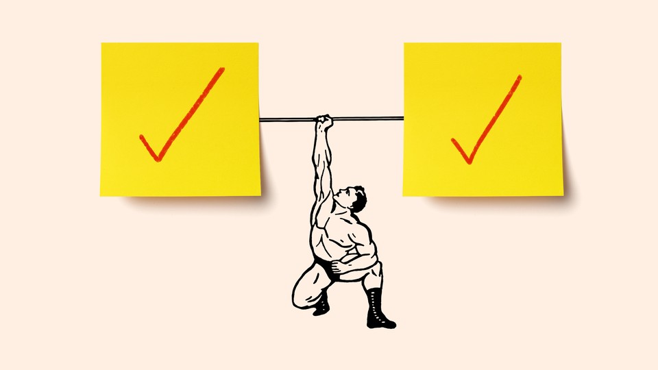 A powerlifter lifting a barbell whose weights are yellow Post-it notes that feature large red check marks