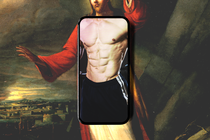 An image of Jesus, with a phone superimposed onto his torso, displaying a muscular male body