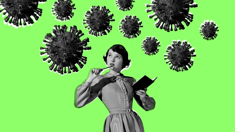 A photo illustration of a girl wondering with a pencil and a notebook in hand, looking at coronavirus particles floating around her.