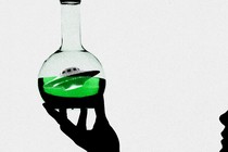 An illustration of a hand holding up glass flask with, with a tiny, saucer-shaped UFO floating in the water inside the container