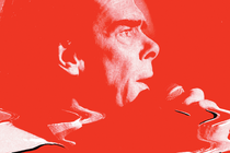 photo-illustration of red image of Nick Cave singing into microphone