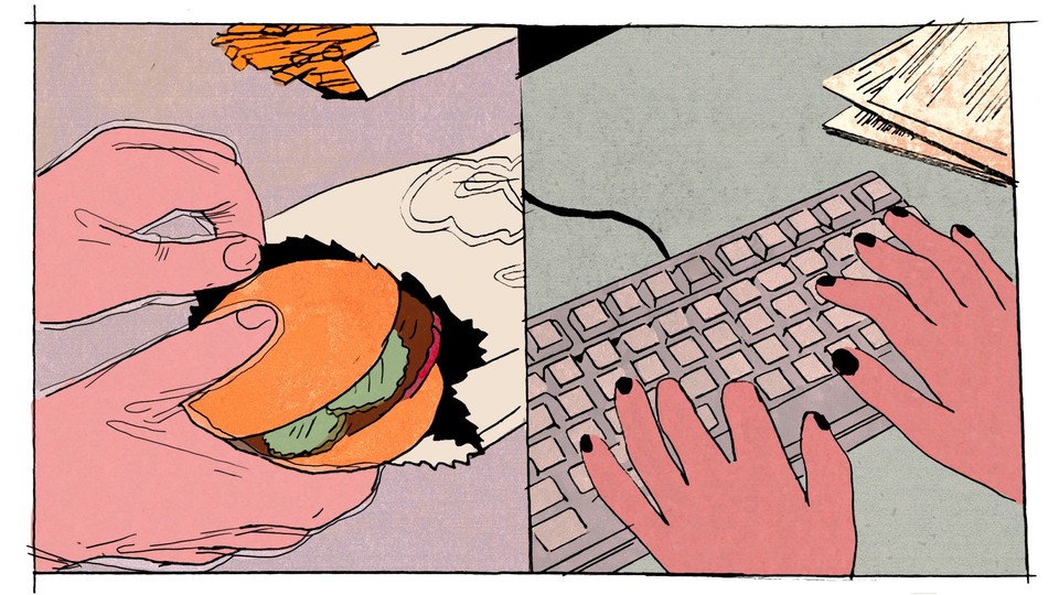 hands wrapping a burger next to hands typing on a keyboard