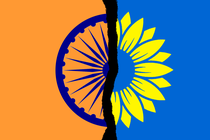 India's spinning wheel set against Ukraine's sunflower