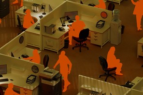 An illustration of silhouettes in cubicles.