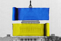 A yellow ribbon and a blue ribbon superimposed on a photo of Congress