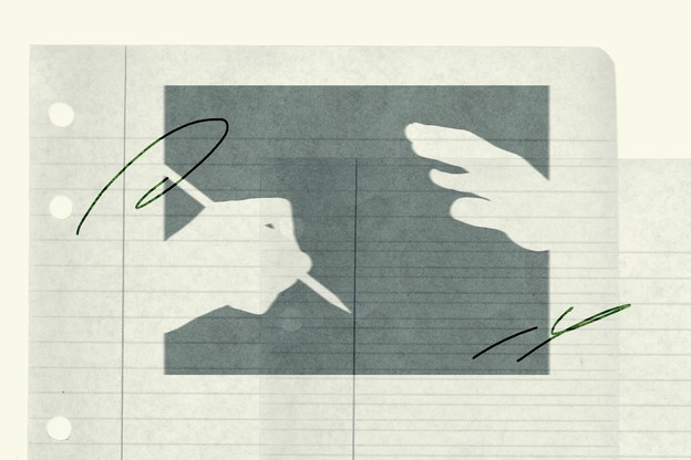 sketch illustration of a hand writing in pencil on lined paper, with another hand guiding it from above.