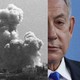 Triptych showing pictures of an explosion, Netanyahu, and building rubble