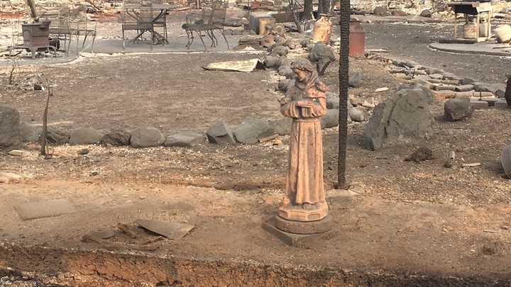 A statue stands in a backyard, amidst the rumble of a destroyed home.