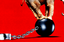 An illustration of an elephant balancing on top of a ball connected to a chain and shackle