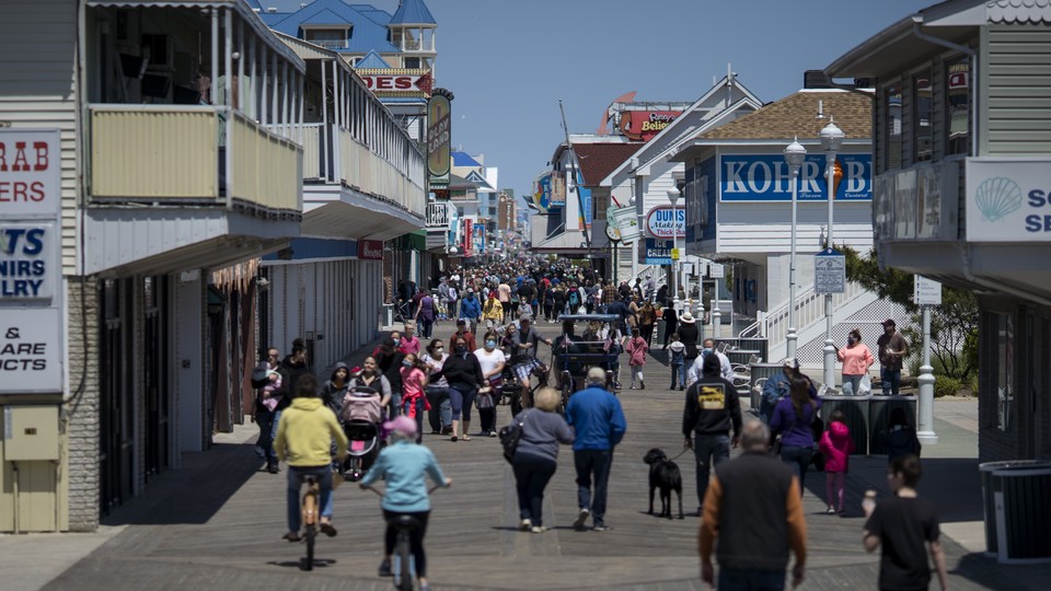The boardwalk at Ocean City, Maryland, crowded with people