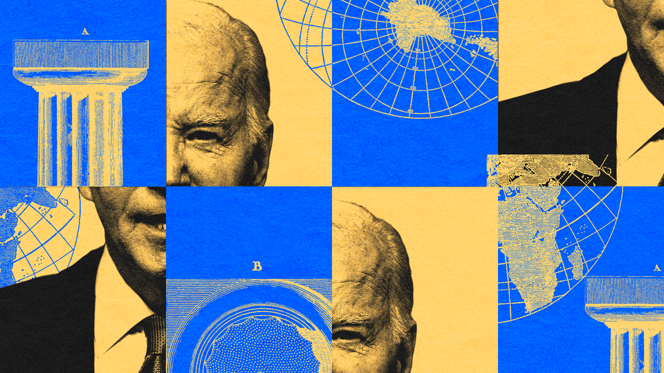 A photomontage of President Joe Biden and maps of the world.