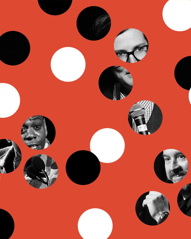 Illustration of dots revealing black-and-white photos of Hannah Gadsby, Dave Chappelle, and Louis C.K. along with black and white dots on red background