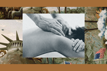A woman lies face down and is massaged by male hands. The image is set into a frame featuring The Experiment’s show art.