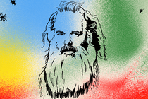 A sketch of Rick Rubin in black ink, with green, blue, yellow, and red in the background