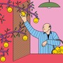 An illustration of an old man picking smiley faces off a tree.