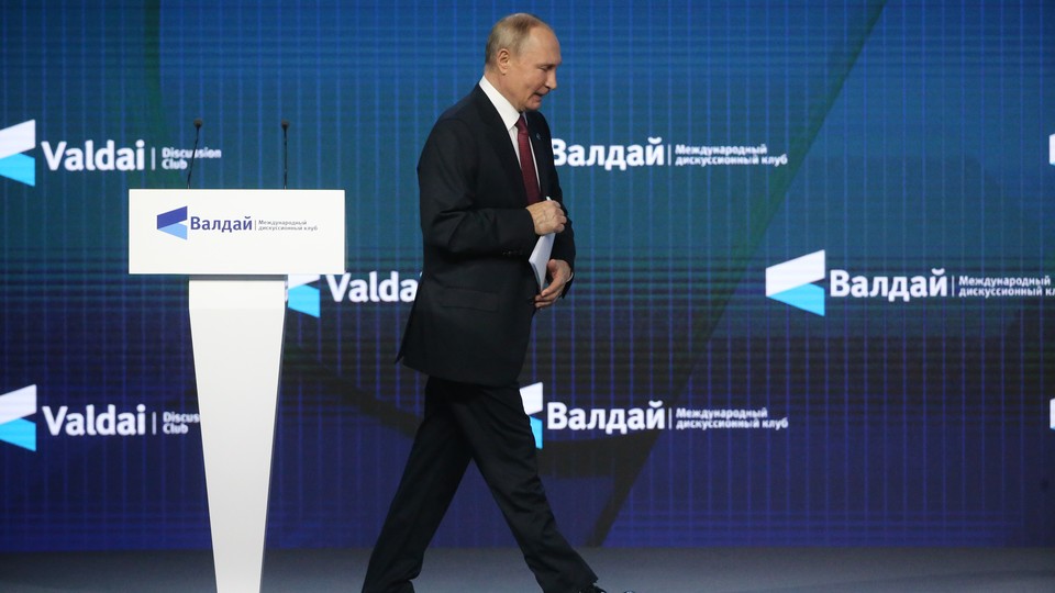 Russian President Vladimir Putin on stage during the Valdai International Discussion Club on October 27, 2022.