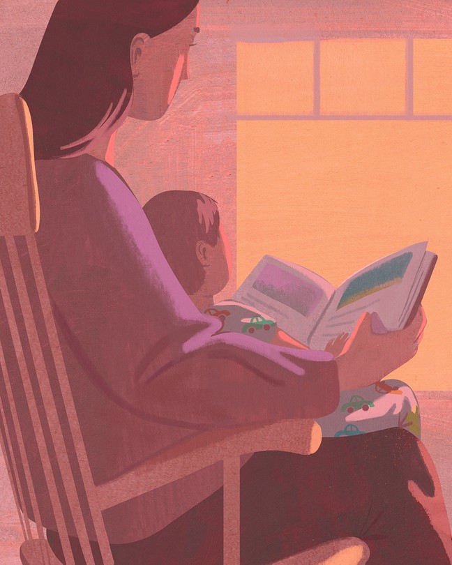Illustration of a woman sitting in a chair with a child on her lap. They are reading together and looking out the window.