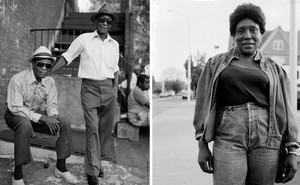 left: photo of two men wearing sunglasses and hats; right: photo of woman wearing denim