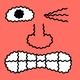 A face with one eye wide, the other closed, a nose, and grimacing teeth, all drawn with wavy lines on a red background