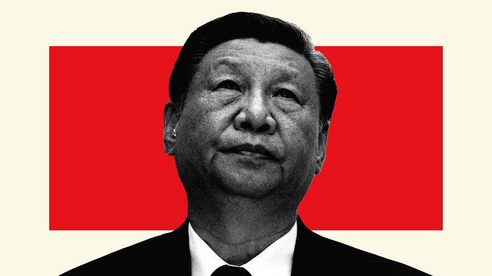 Illustration of Xi Jinping in black and white against a red-and-white background