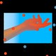An open hand against a blue sky, set within a black frame, with red and blue dots scattered around