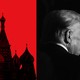 An illustration of the Kremlin next to a black-and-white photo of Donald Trump