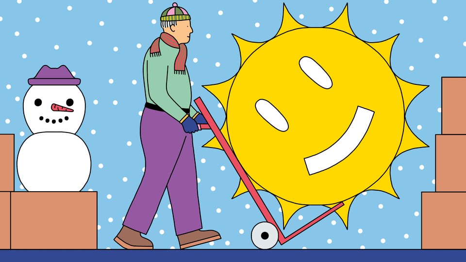 Illustration of a man in wintry weather moving a happy sunny happy face
