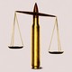 An illustration of a bullet acting as the center of the scales of justice