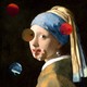 Vermeer's "Girl With a Pearl Earring" painting, with circles containing details from "Girl With a Red Hat" superimposed