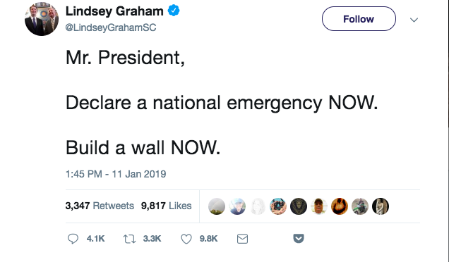 Tweet from Senator Lindsey Graham reading "Mr. President, Declare a national emergency NOW. Build a wall NOW."