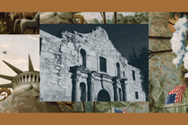 A stark black-and-white photo of the Alamo. The image is set into a frame featuring The Experiment’s show art.
